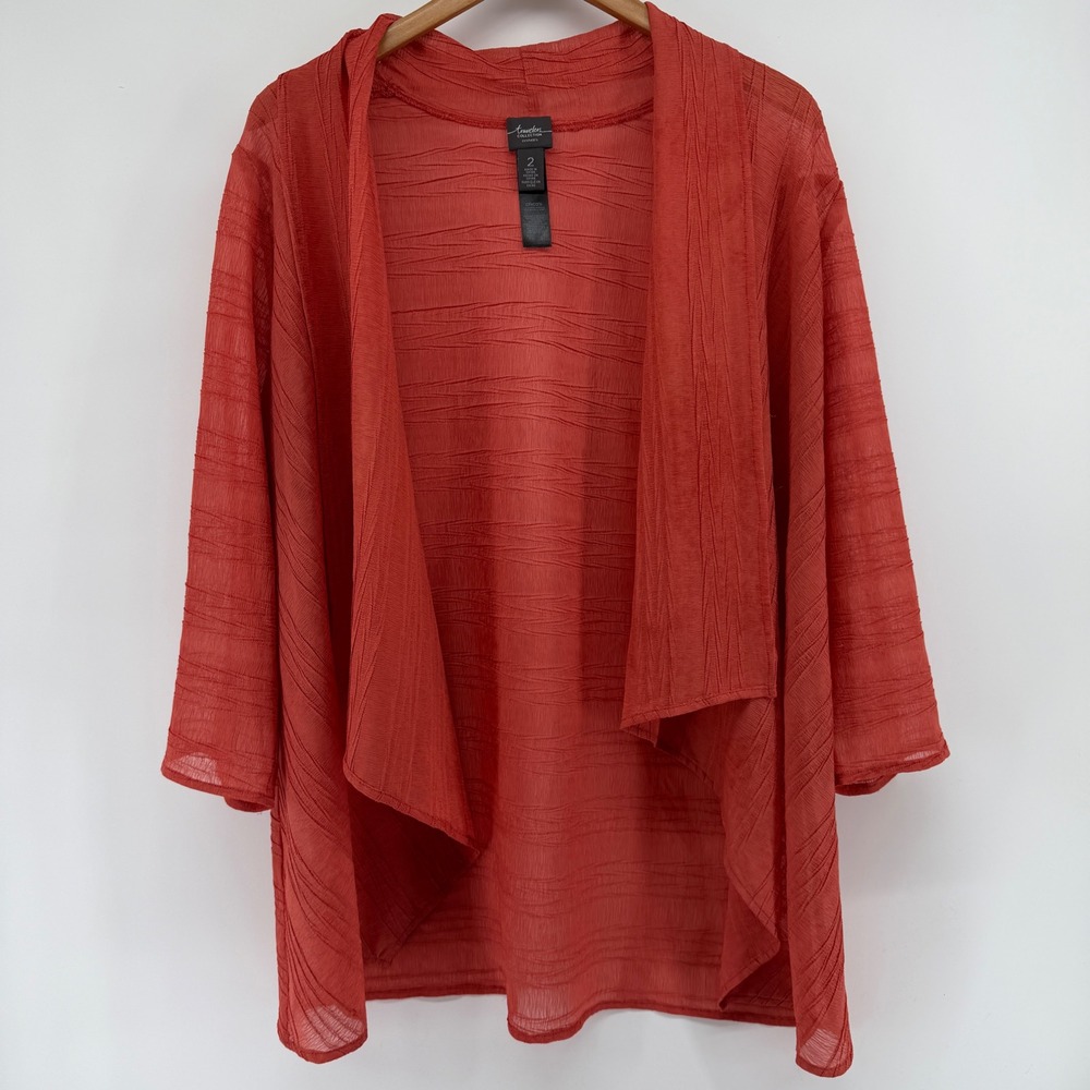 Chicos Travelers Collection Orange Crinkle Open Front Cardigan Size 2 Large